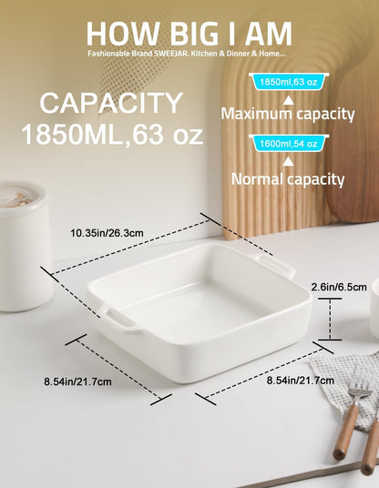 Sweejar 8x8 Baking Pan - Ceramic Casserole Dish with Double Handles | 2 QT White Square Dish for Brownies & Lasagna
