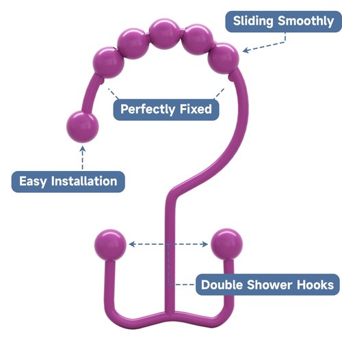 Titanker Shower Curtain Hooks Rings, Rust-Resistant Metal Double Glide Shower Hooks for Bathroom Shower Rods Curtains, Set of 12 Hooks - Fuchsia Rose