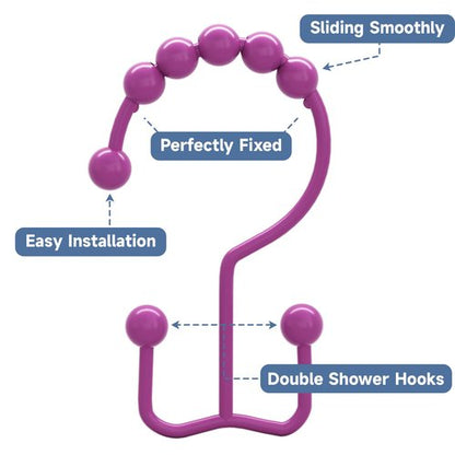 Titanker Shower Curtain Hooks Rings, Rust-Resistant Metal Double Glide Shower Hooks for Bathroom Shower Rods Curtains, Set of 12 Hooks - Fuchsia Rose