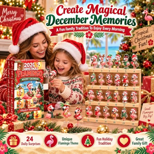 Christmas Flamingo Advent Calendar with 24 Unique 2D Acrylic Figurines - Variation of 1