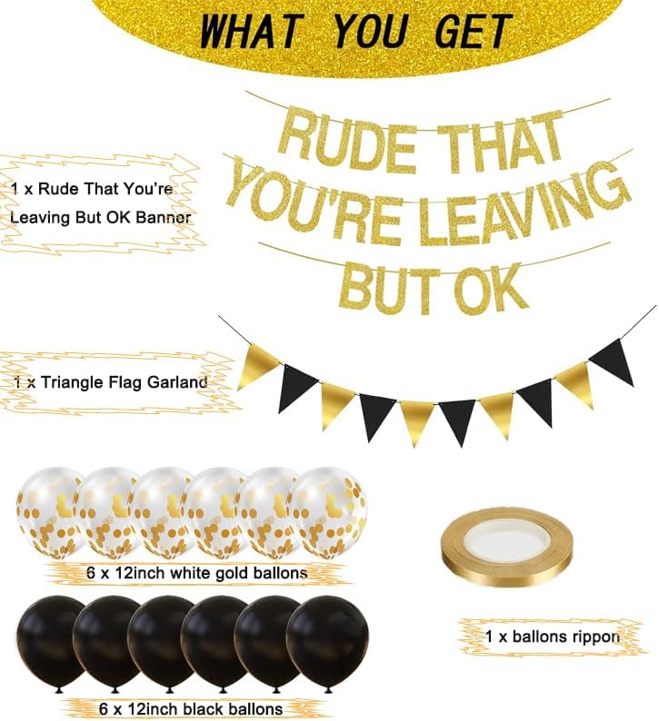 Rude That You're Leaving But OK Banner Going Away Party Decorations Funny Farewell Party Decorations Set with Black and Gold Glitter Perfect for Office Coworker Goodbye Party Decorations…
