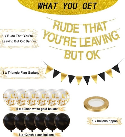 Rude That You're Leaving But OK Banner Going Away Party Decorations Funny Farewell Party Decorations Set with Black and Gold Glitter Perfect for Office Coworker Goodbye Party Decorations…