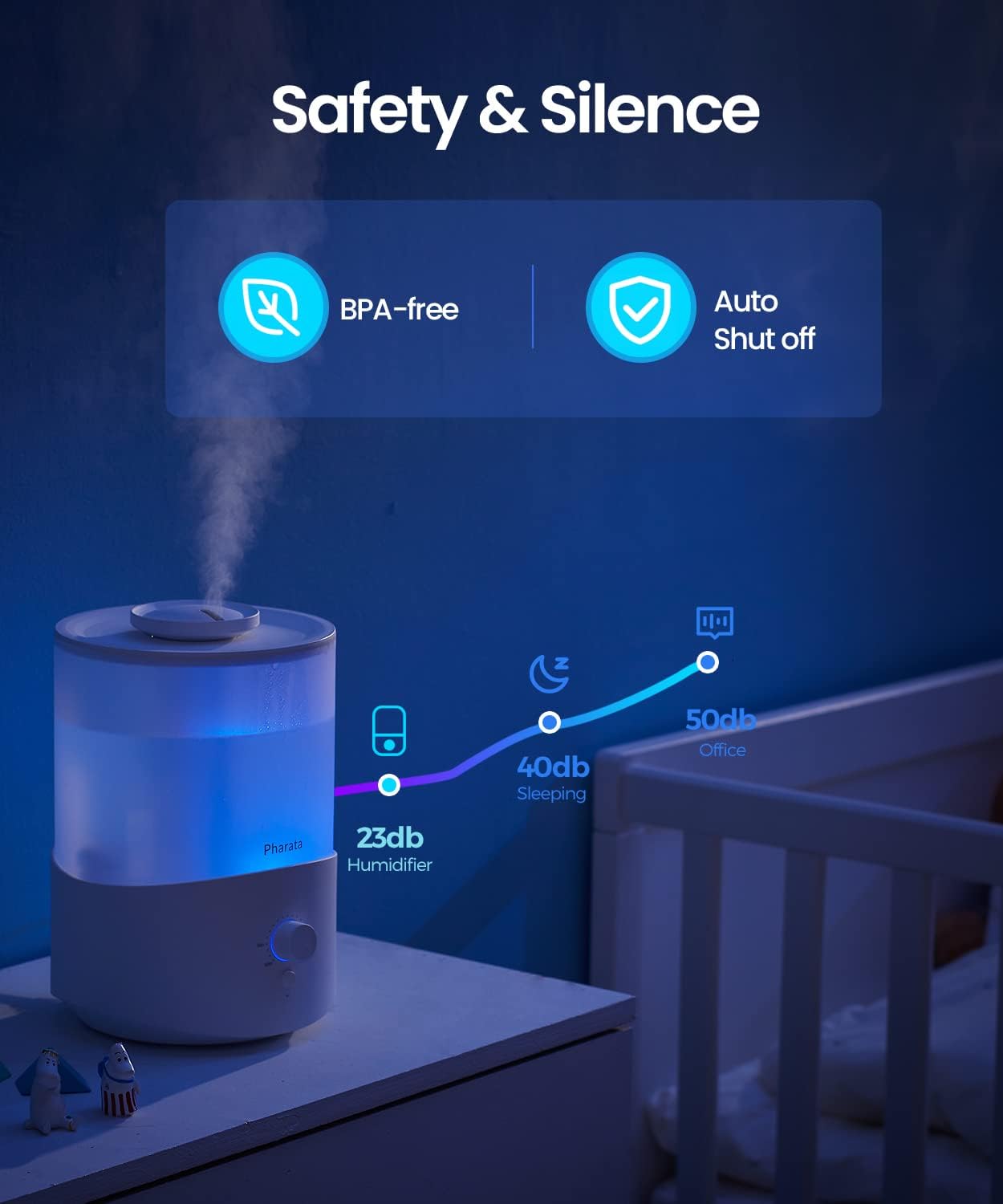 Pharata Humidifier - 2.5L Cool Mist Essential Oil Diffuser for Large Rooms | Auto Shut-Off & Top Fill Design