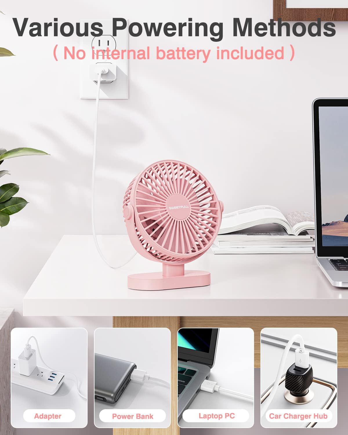Sweetfull USB Desk Fan - Portable 3-Speed Mini Fan with 360° Rotation | Quiet Operation for Home & Travel (Pink)