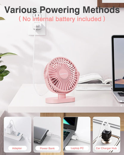 Sweetfull USB Desk Fan - Portable 3-Speed Mini Fan with 360° Rotation | Quiet Operation for Home & Travel (Pink)