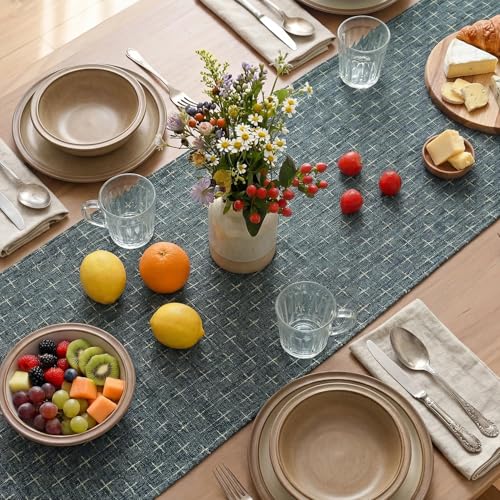 Navy Blue Cross-Star Textured Table Runner 13x60 Inch Waterproof Rustic Dining Decor