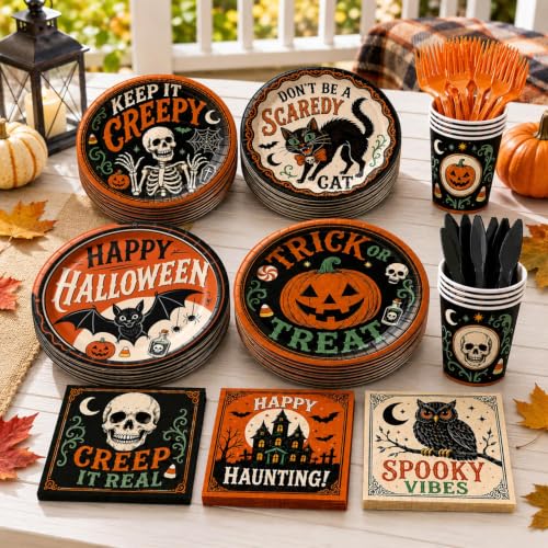 Halloween Party Supplies Set with Plates Cups Napkins Cutlery for Spooky Celebration