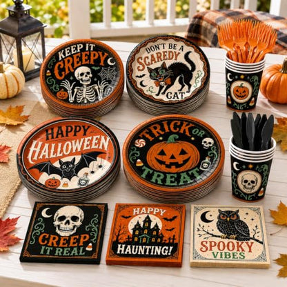 Halloween Party Supplies Set with Plates Cups Napkins Cutlery for Spooky Celebration