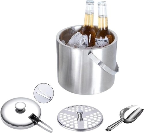 Insulated Ice Bucket with Lid and Scoop & Tong, Double Wall 304 Stainless Steel Ice Bucket for Freezer, Built-in Strainer for Effortless Ice Water, 2.75 qt Ice Buckets for Parties, Champagne Bucket.
