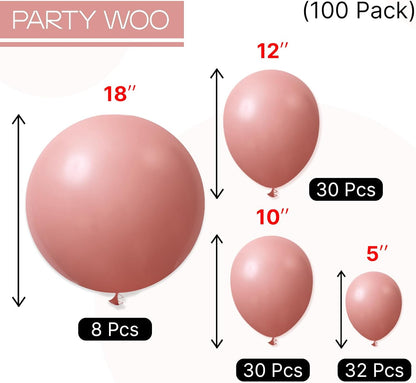 PartyWoo Dusty Pink Balloons - 100pcs Assorted Sizes 5-18 Inches | Blush Pink Boho Garland for Baby Showers & Birthdays