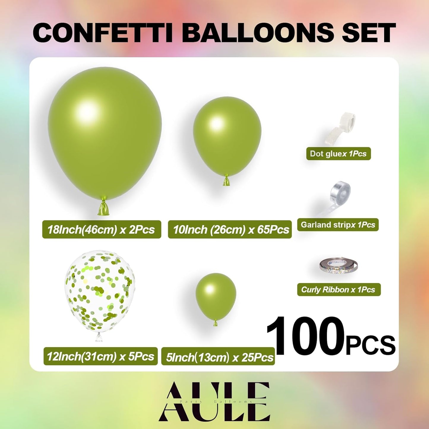 AULE 100Pcs Metallic Lime Green Balloons - Shiny Chrome Latex for Parties | 18/12/10/5 Inch