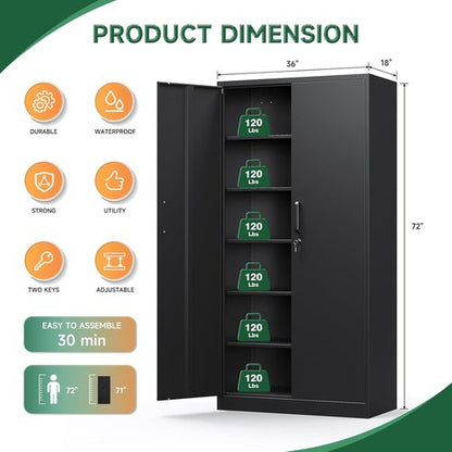 Letaya Metal Garage Storage Cabinets - 72" Tall Tool Organizer with Lock | 5 Adjustable Shelves, Black