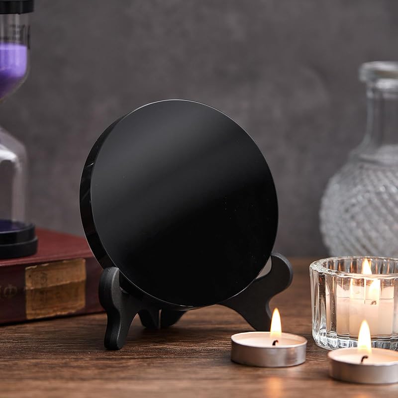 Obsidian Scrying Mirror 5.91 in with Wood Stand - 2 Pack Variation of THIS listing