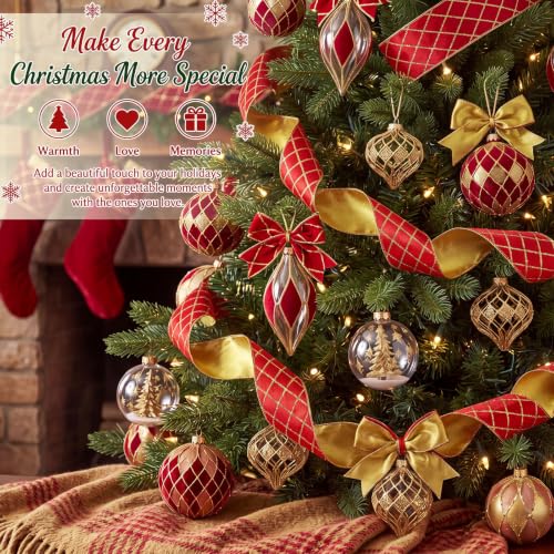Diamond Grid Velvet Wired Christmas Ribbon - Red Gold Check, 2 Rolls, 2.76" x 10 Yards
