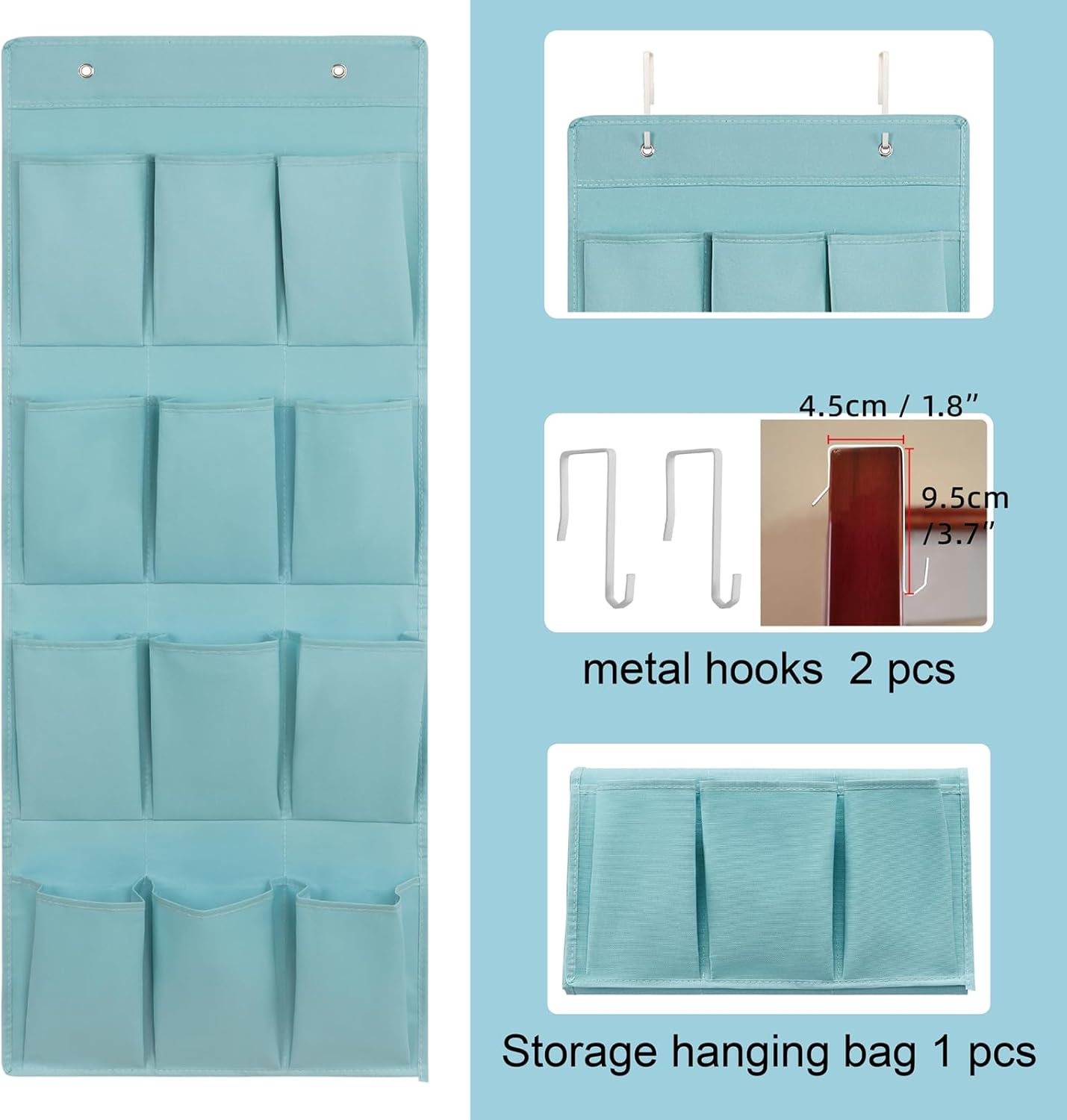 Skiennix Over The Door Shoe Organizer - 12 Large Pocket Hanging Rack for Men, Women & Kids - Light Blue