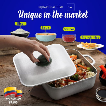 Universal Unique Square Caldero (9 Quart - 24 Cups), Stainless Aluminum Pot, Oven Safe, Even Heat Distribution and Fast Cooking Dutch Oven Pot with Lid, Ideal for Rice, French Fries, and More