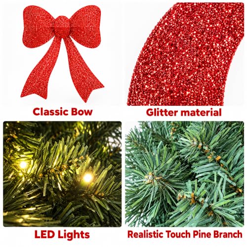 Large Artificial Christmas Wreath 30 Inch with 130 LED Lights and Red Bow - Indoor Outdoor Holiday Decor