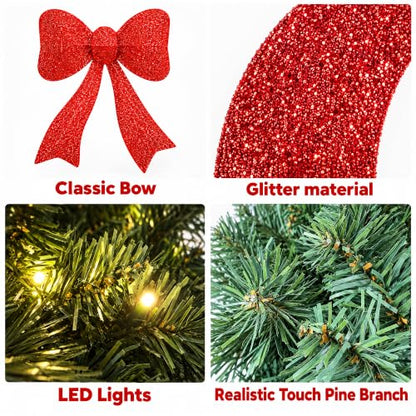 Large Artificial Christmas Wreath 30 Inch with 130 LED Lights and Red Bow - Indoor Outdoor Holiday Decor