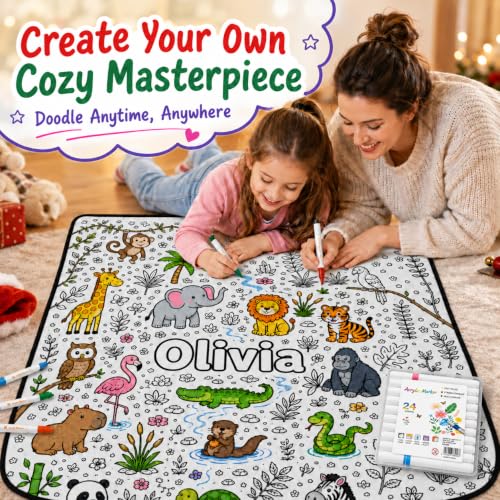 Personalized Jungle Animals Coloring Blanket with 24 Markers - Style 7, Fleece