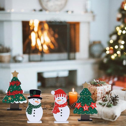 DECSPAS Christmas Decorations - 4 PCS Wooden Christmas Trees & Snowmen for Festive Table Centerpieces | Winter Home Decor