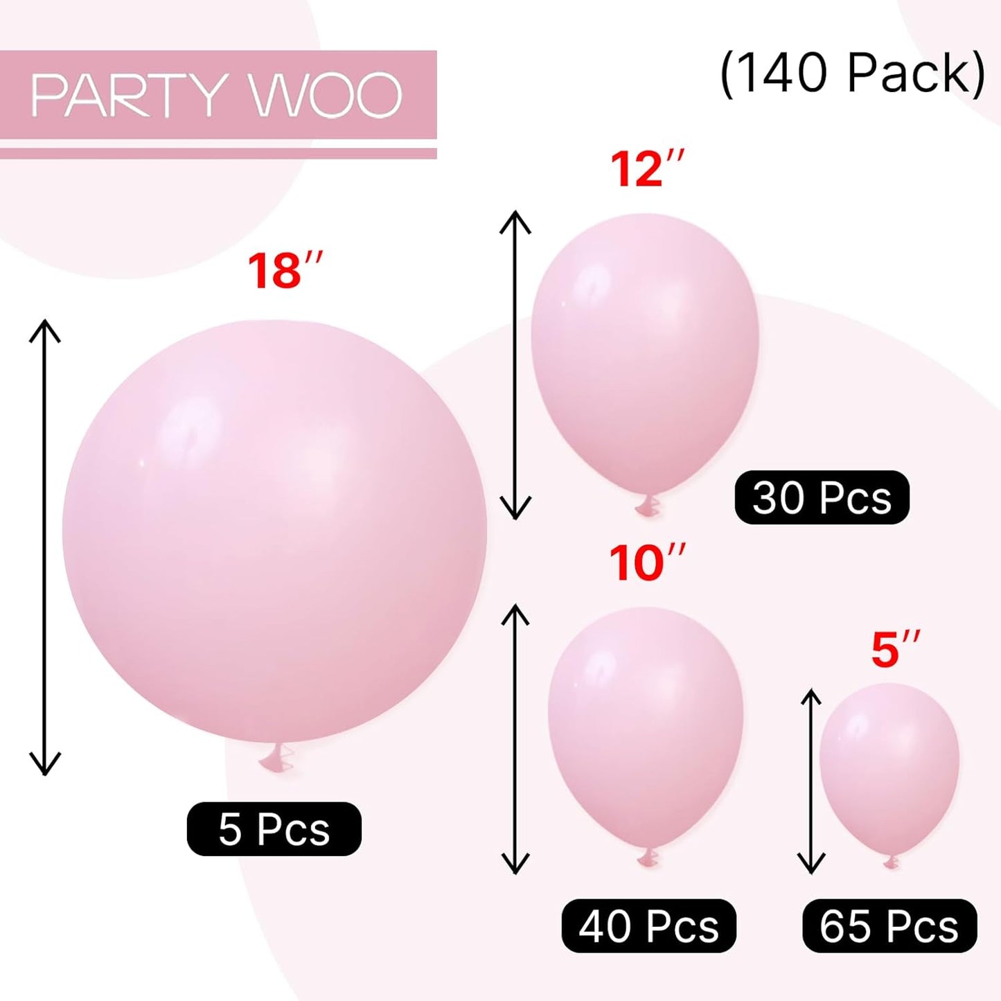 PartyWoo Light Pink Balloon Arch Kit - 140pcs in Various Sizes for Baby Showers & Birthdays | Pastel Pink Decor
