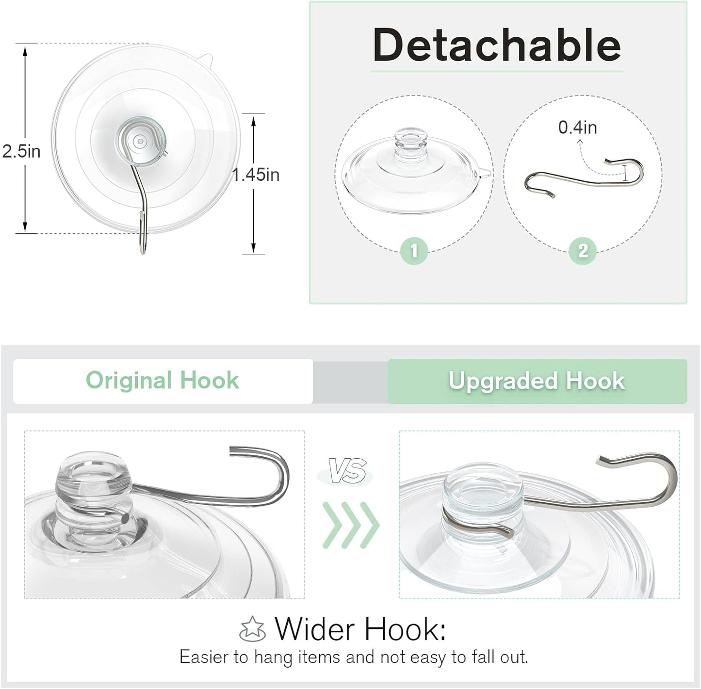VIS'V Large Suction Cup Hooks - 2 Pcs Durable Hold with 10 Pcs Metal Hooks for Versatile Use