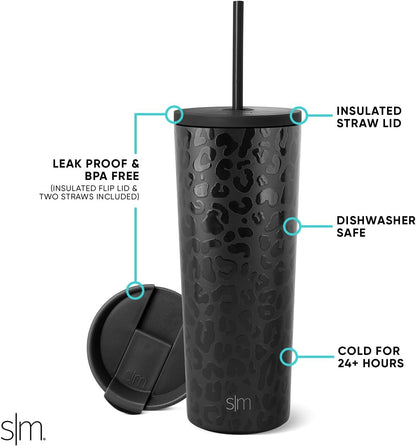 Simple Modern Insulated Tumbler - 24oz Reusable Stainless Steel Travel Mug with Lid & Straw | Black Leopard
