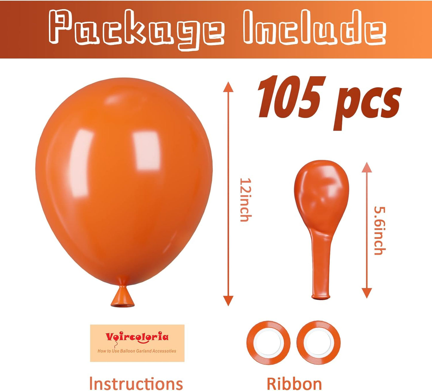 Voircoloria 105pcs Orange Balloons - 12 Inch Party Latex Balloons for Birthday & Baby Showers