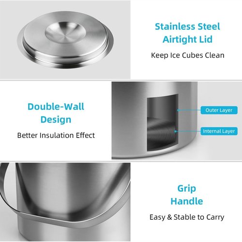 ChefBee Stainless Steel Ice Bucket - 3L Double-Wall Insulated Ice Buckets for Parties with Lid & Tongs, Large Champagne Wine Drink Container Holder, Ideal for Freezer Cocktail Home Bar Accessories