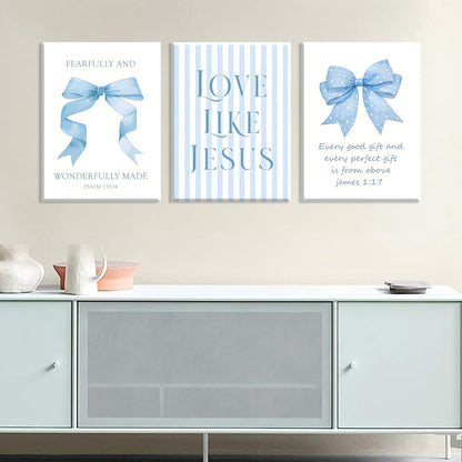 Blue Bow Jesus Canvas Wall Art - Inspirational Bible Verse Decor for Dorm Room | 12x16 Inch Framed