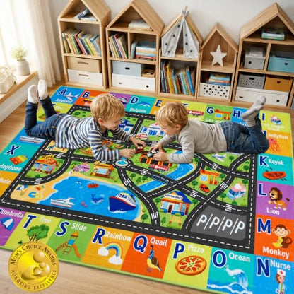 Kids Play Rug 3x5 ft Non-Slip Car Road Play Mat - Washable Soft Road Carpet for Kids Room, Playroom, Classroom, Car Rug 1, 3 x 5 Feet