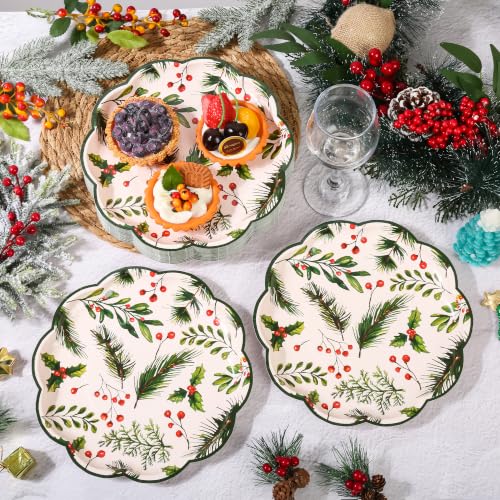 Holly Berry Christmas Paper Plates - 7 Inch Scalloped Holiday Party Disposables