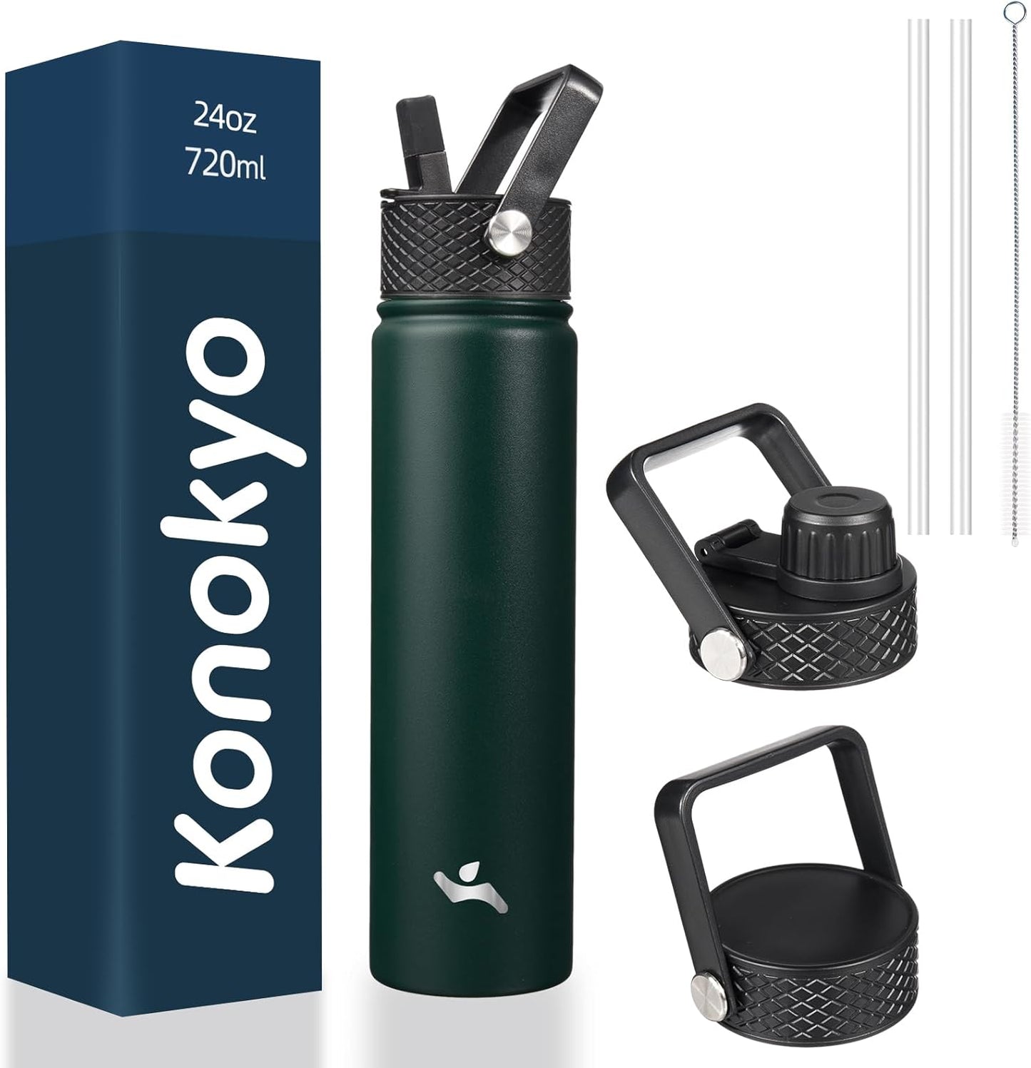 Skiennix Insulated Water Bottle - 24oz Stainless Steel Sport Bottle with 3 Lids | Army Green