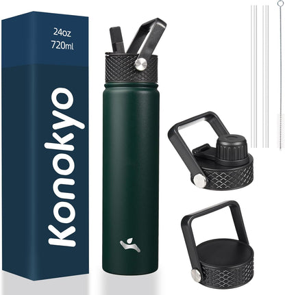 Skiennix Insulated Water Bottle - 24oz Stainless Steel Sport Bottle with 3 Lids | Army Green