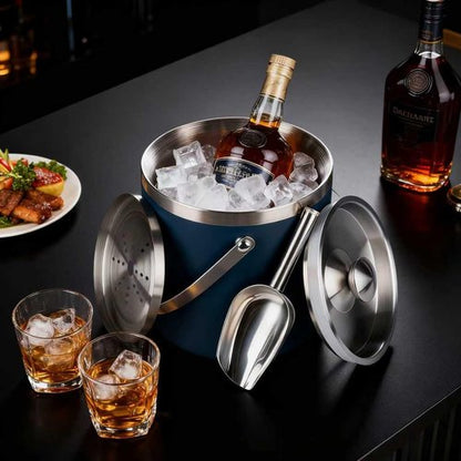 3L Double-Wall Insulated Stainless Steel Ice Bucket with scoop for Cocktail Bar - Metal Ice Bucket for freezer with Lid for parties,Camping,and More!champagne bucket,bar cart accessories