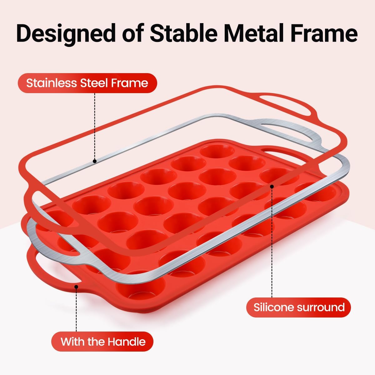 CAKETIME Silicone Mini Muffin Pan - 24-Cup BPA-Free Muffin Tin with Metal Reinforcement & Handles | Red, 2-Pack