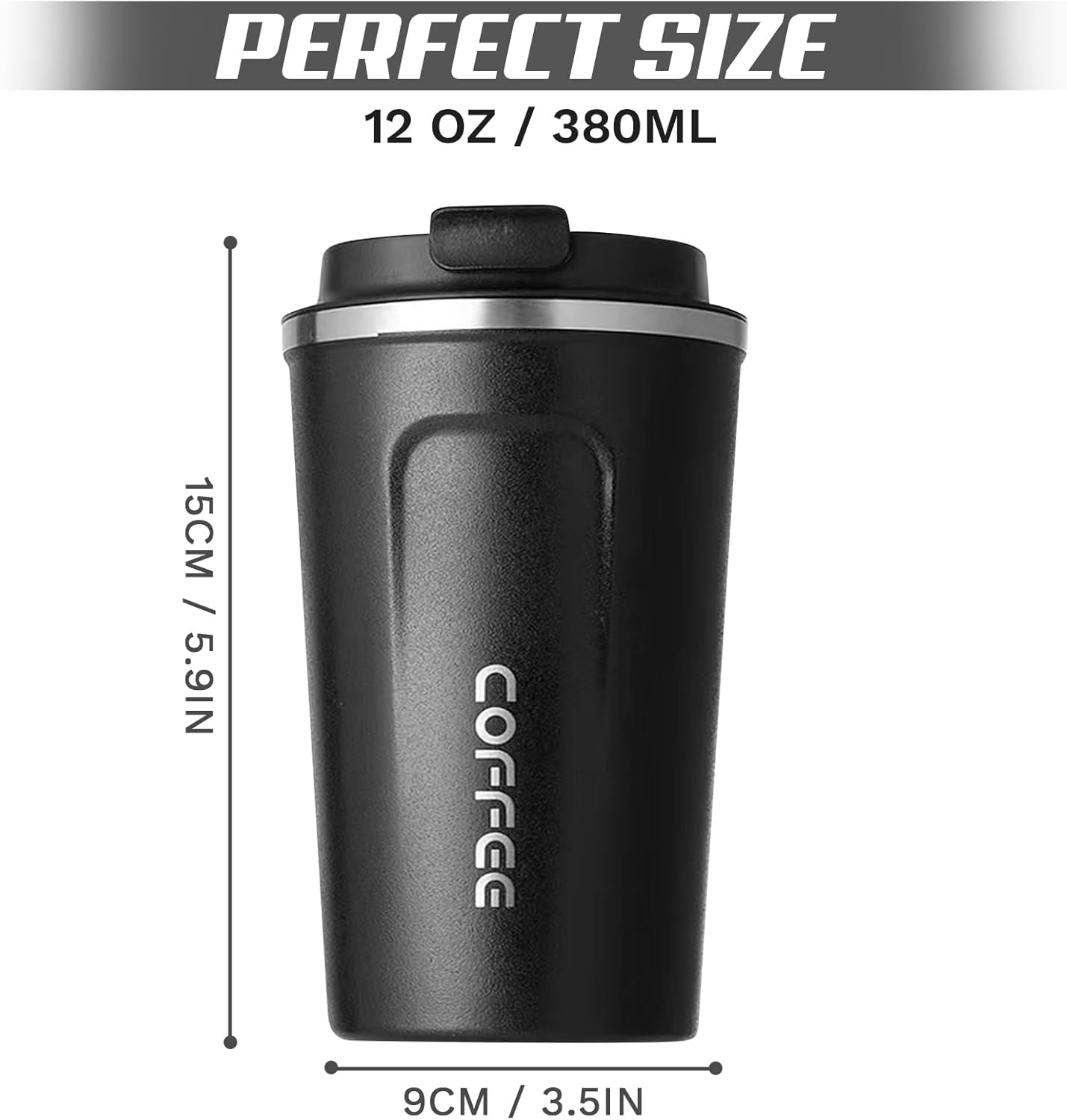 Skiennix Travel Coffee Mugs - Leak-Proof Reusable Stainless Steel Tumblers | 12oz Black Thermal Insulation