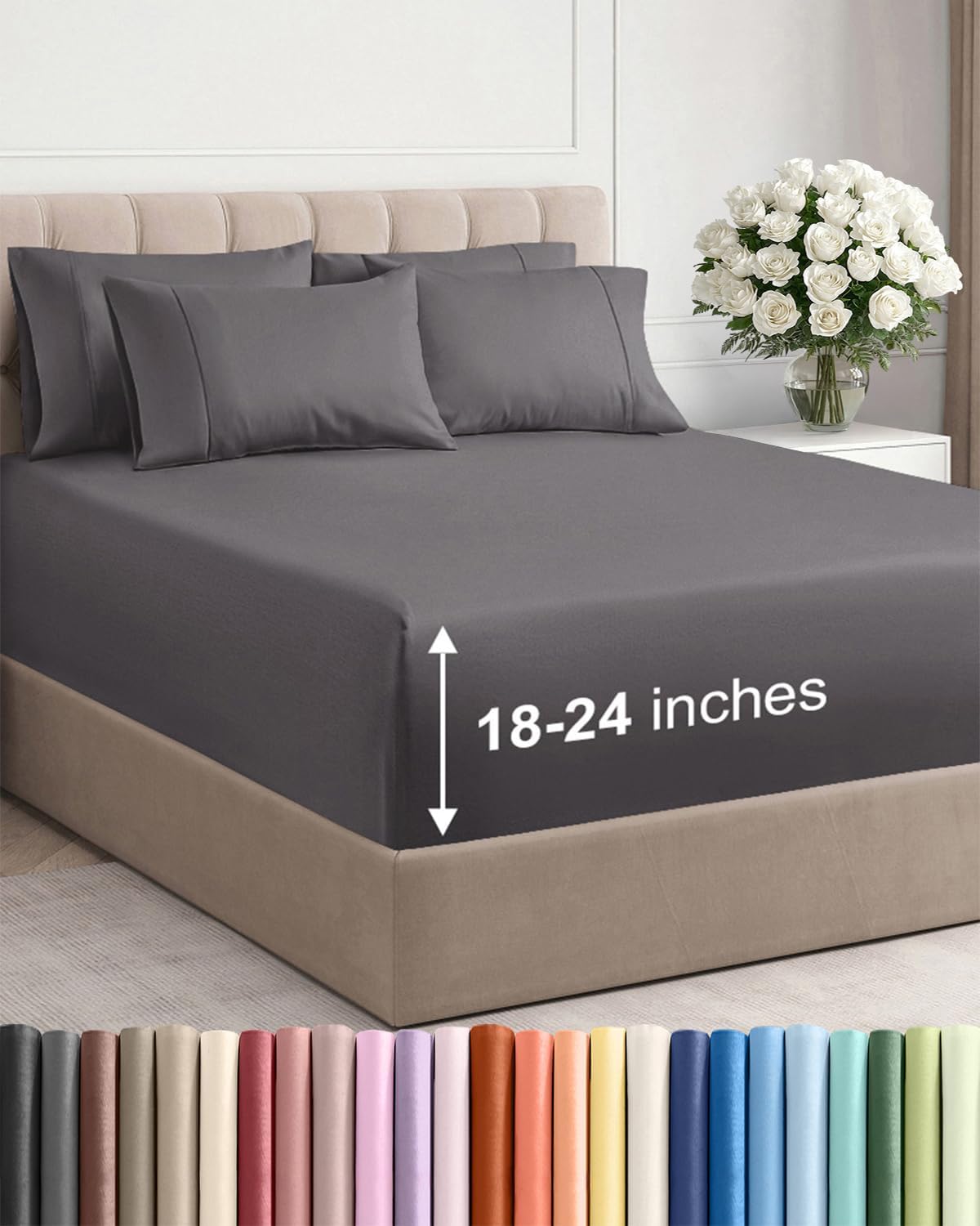 Skiennix Extra Deep Cal King Sheet Set - 6 Piece Breathable Cooling Bedding - Soft, Wrinkle-Free Grey
