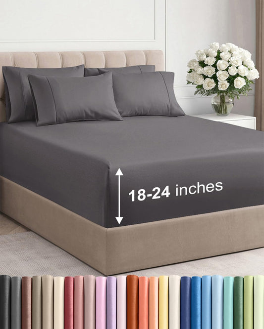 Skiennix Extra Deep Cal King Sheet Set - 6 Piece Breathable Cooling Bedding - Soft, Wrinkle-Free Grey