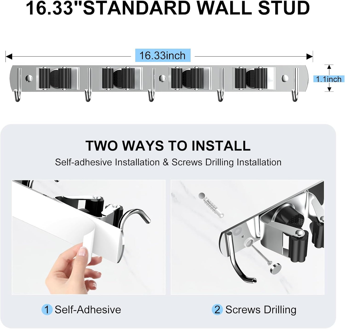 Nacena Broom Holder Wall Mount - Heavy Duty Stainless Steel Mop Hanger with 4 Racks & 5 Hooks | Silver