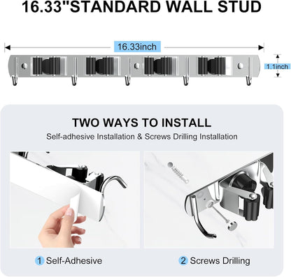 Nacena Broom Holder Wall Mount - Heavy Duty Stainless Steel Mop Hanger with 4 Racks & 5 Hooks | Silver