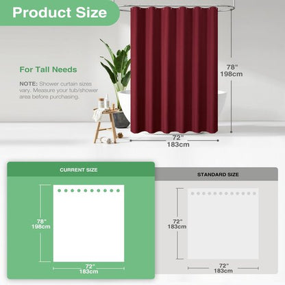 Dynamene Long Fabric Shower Curtain - 78 inch Long Waffle Weave Weighted Cloth Shower Curtains for Bathroom, Neutral Heavy Duty Hotel Spa Luxury Bath Curtain Set with 12 Plastic Hooks,72x78, Burgundy