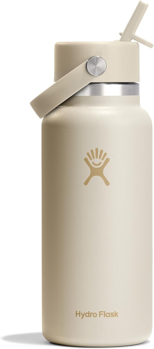 Hydro Flask Water Bottle - Insulated Stainless Steel with Wide Mouth Flex Straw Lid | 32 Oz Coconut Cream, Leakproof & Refillable
