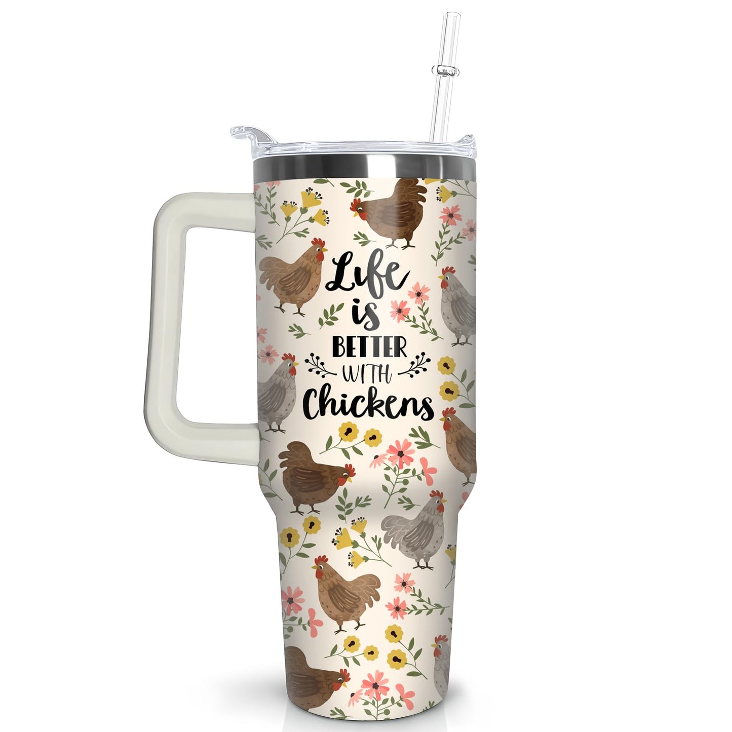 40 oz Chicken Tumbler with Handle and Straw, Floral Rooster Stainless Steel Vacuum Insulated Travel Coffee Mug Cup Water Bottle, Chicken Stuff Accessories Decor, Rooster Gifts for Women Girls