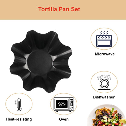 Skiennix Tortilla Pan Set - 4-Piece Non-Stick Carbon Steel Taco Shell Makers | Flower-Shaped Design (Black)