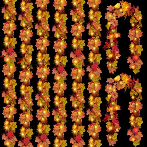 48FT Fall Leaf Garland with Lights - 8 Pack Autumn Decor for Halloween Thanksgiving