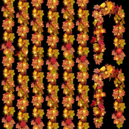 48FT Fall Leaf Garland with Lights - 8 Pack Autumn Decor for Halloween Thanksgiving