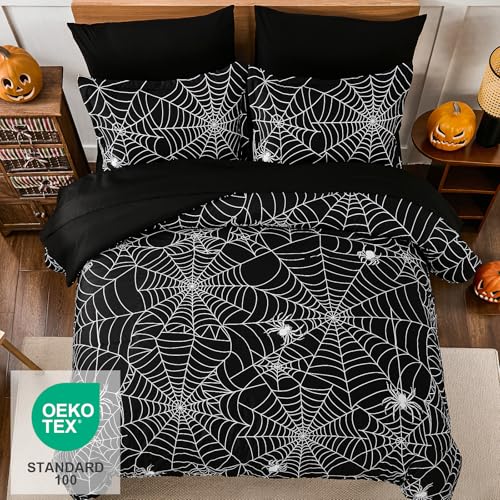 Halloween Comforter Set Queen Size Bed in a Bag with Spider Web Pattern