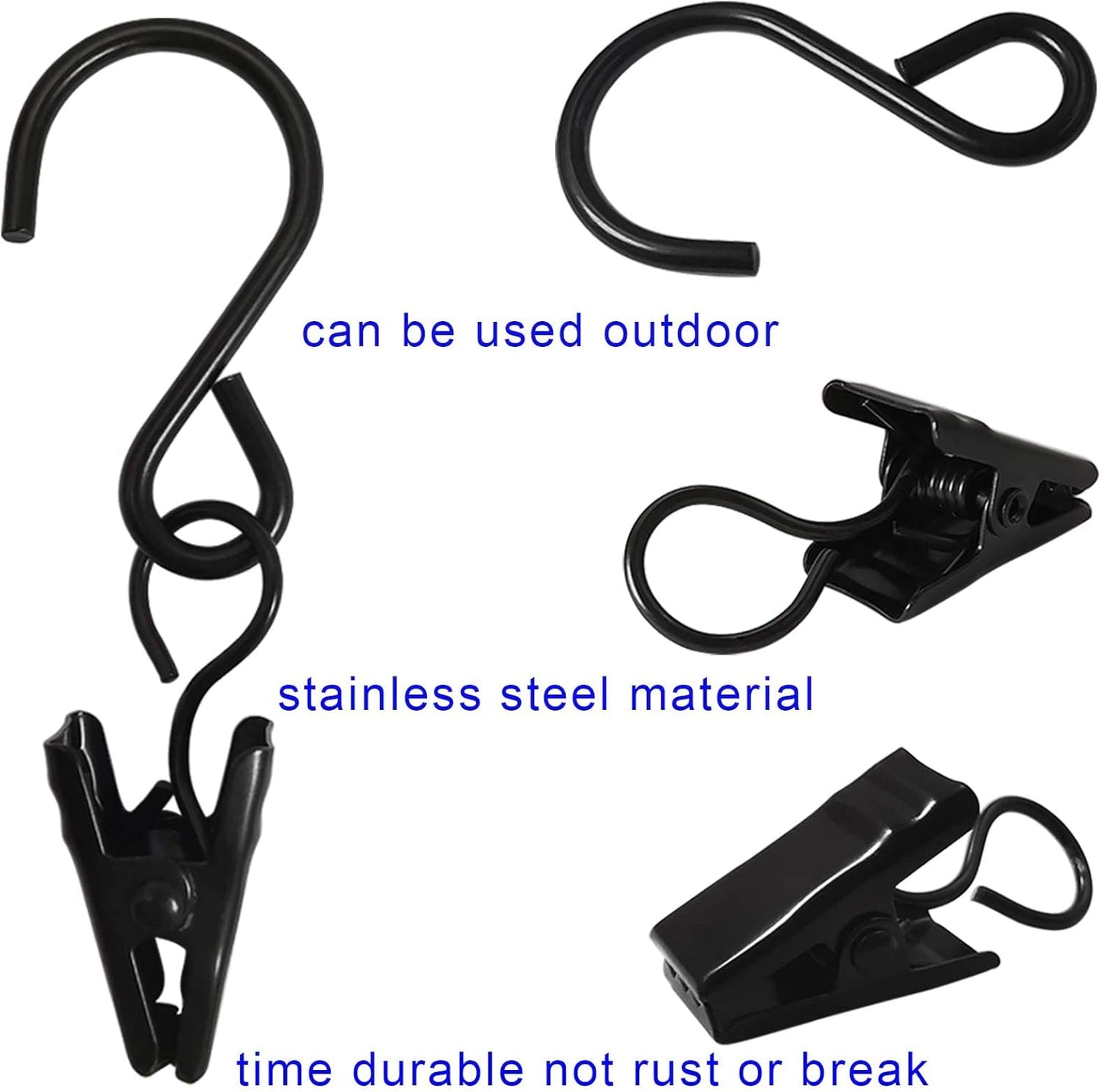 Stainless Steel S Hooks - 50 Pack Curtain Clips for Hanging Lights & Art Displays | 2.4 Inch, Black