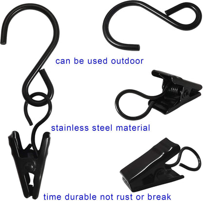 Stainless Steel S Hooks - 50 Pack Curtain Clips for Hanging Lights & Art Displays | 2.4 Inch, Black